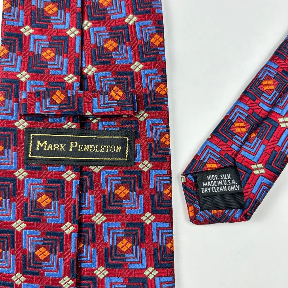 Vintage Mark Pendleton‎ Red Blue Orange Geometric 100% Silk Tie USA